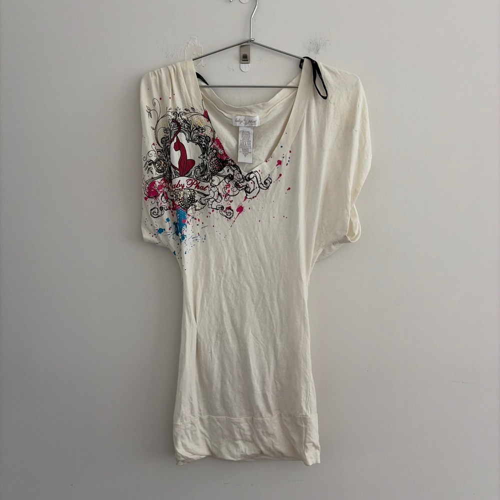 Baby Phat Womens Cream Graphic Dolman Sleeve V-Neck T-Shirt Small